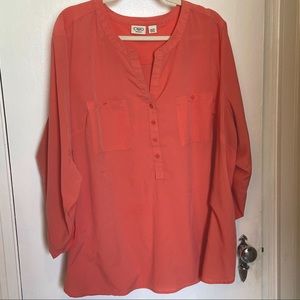 Coral Half-button down Top with roll sleeves